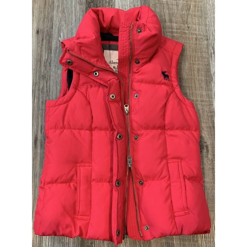 Abercrombie & Fitch Womens Pink Puffer Vest Sz XS Stand Collar Two -Way Zip Snap - Picture 7 of 13